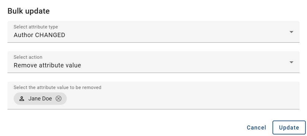 The screenshot shows the dialog window for removing an attribute value in bulk editing.