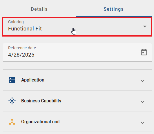 The screenshot shows the selection list in which an attribute for the colouring can be adjusted.