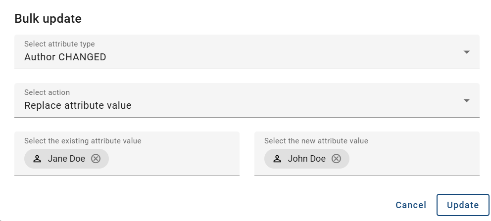 The screenshot shows the dialog window for bulk editing.