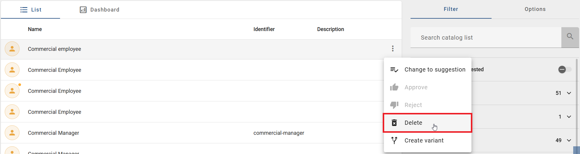 The context menu at a catalog entry with the option "Delete" is displayed here.