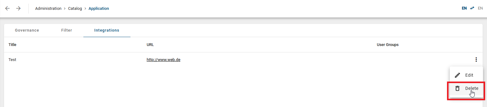 The screenshot shows the "Delete" button with which you can remove an integration.