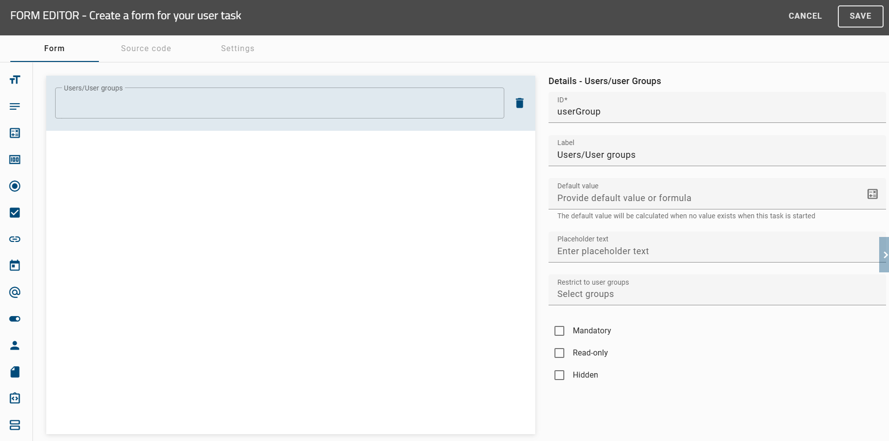 This screenshot shows the detail page of the users/user groups form.