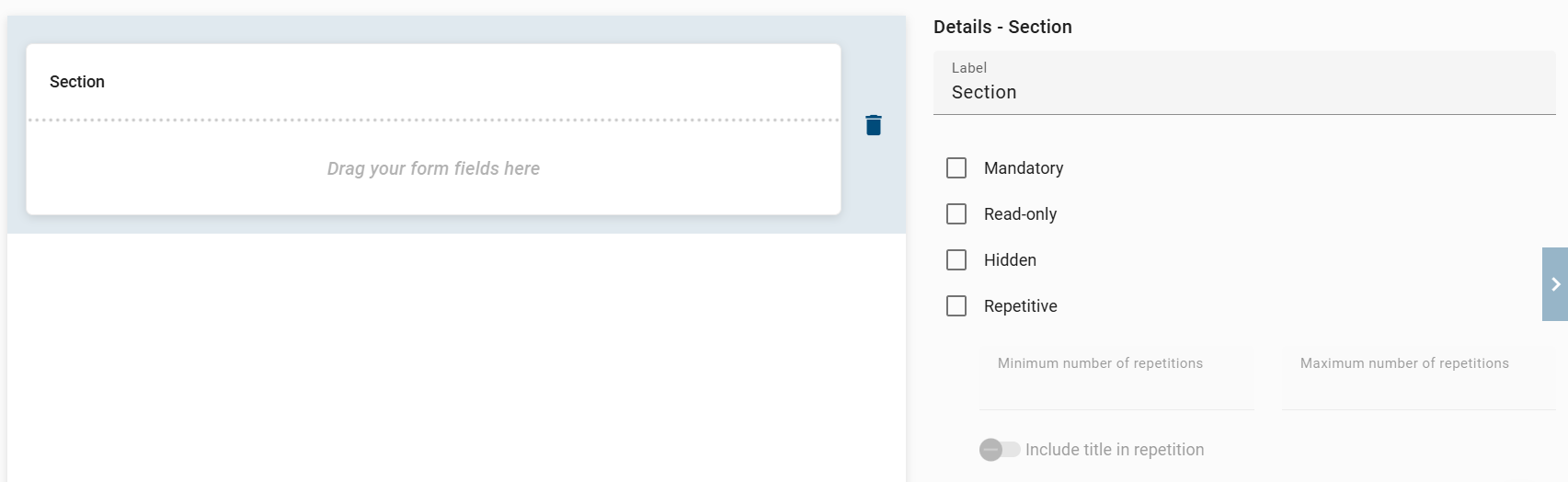 The screenshot shows the detailed overview of the "Section" form field.