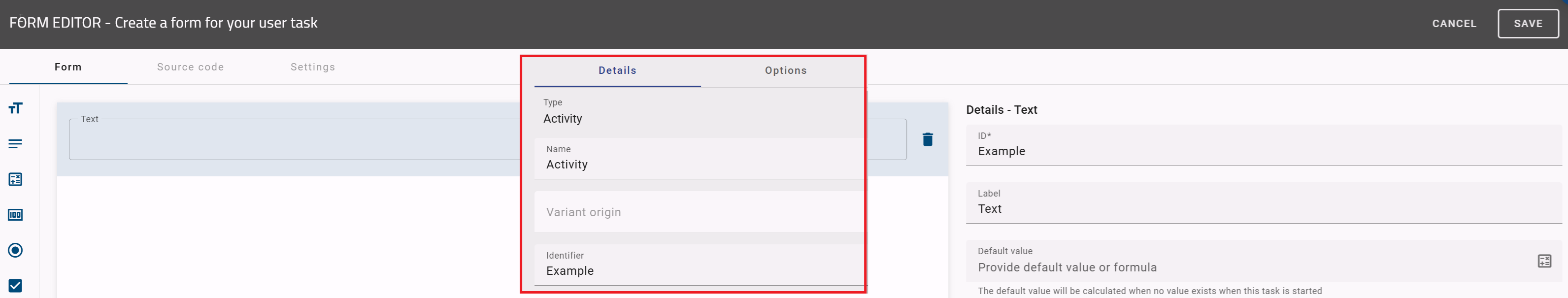 The screenshot shows the forms editor and the attribute bar of a role in BIC Process Design. The "identifier" field of the role is maintained with the same value as the id of the forms text field.