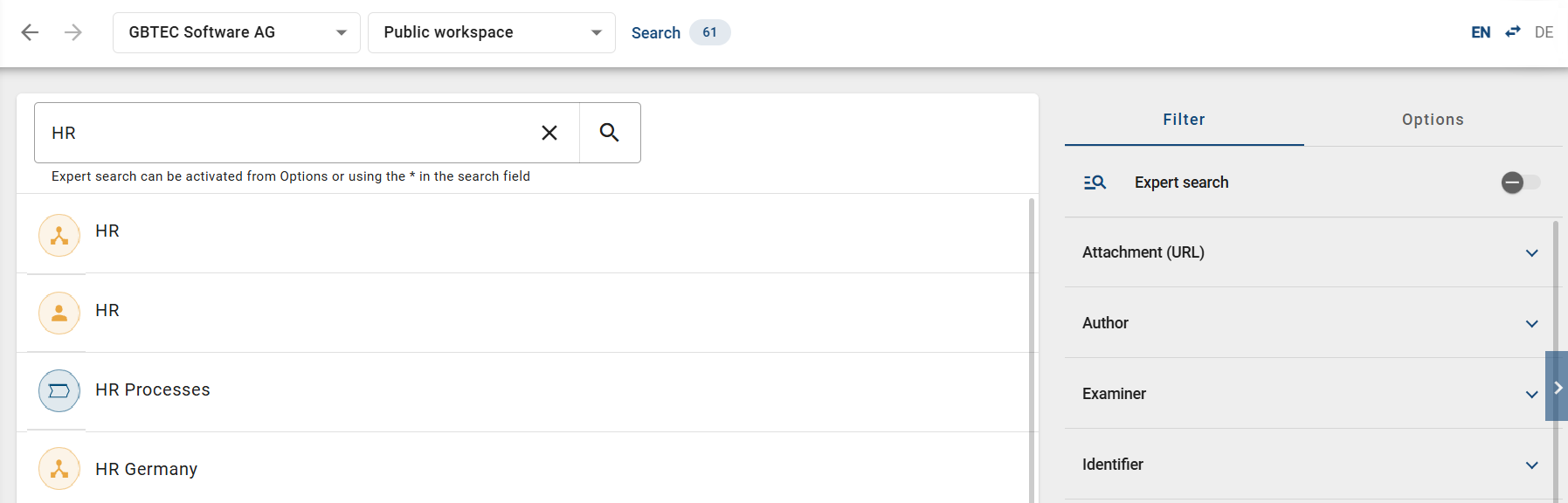 The screenshot shows the results of the global search.
